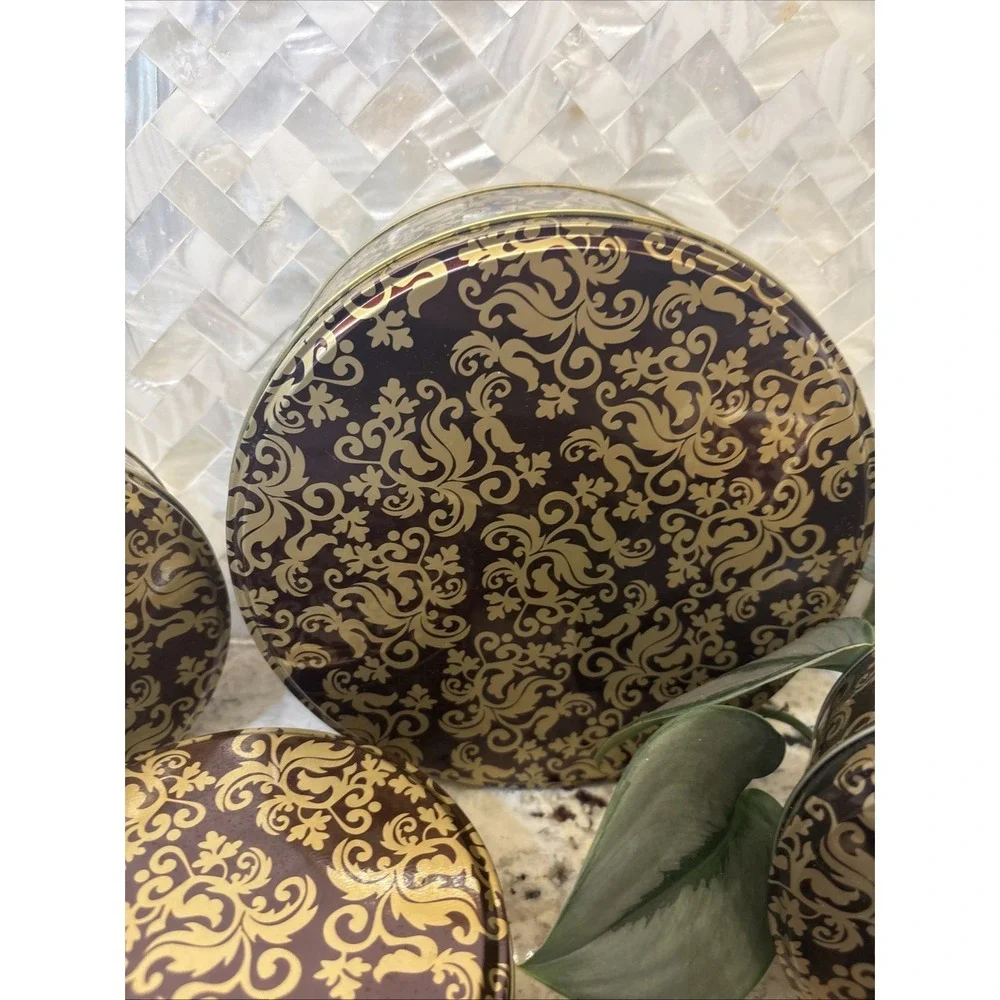 5 Vintage Round Gold Brown Metal Trinket Box Gift Tin Storage Leaf Pattern